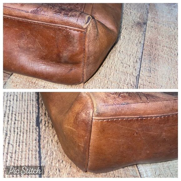 Texian Leathers tooled leather studded pony hair fur shoulder bag purse brown - Picture 3 of 13